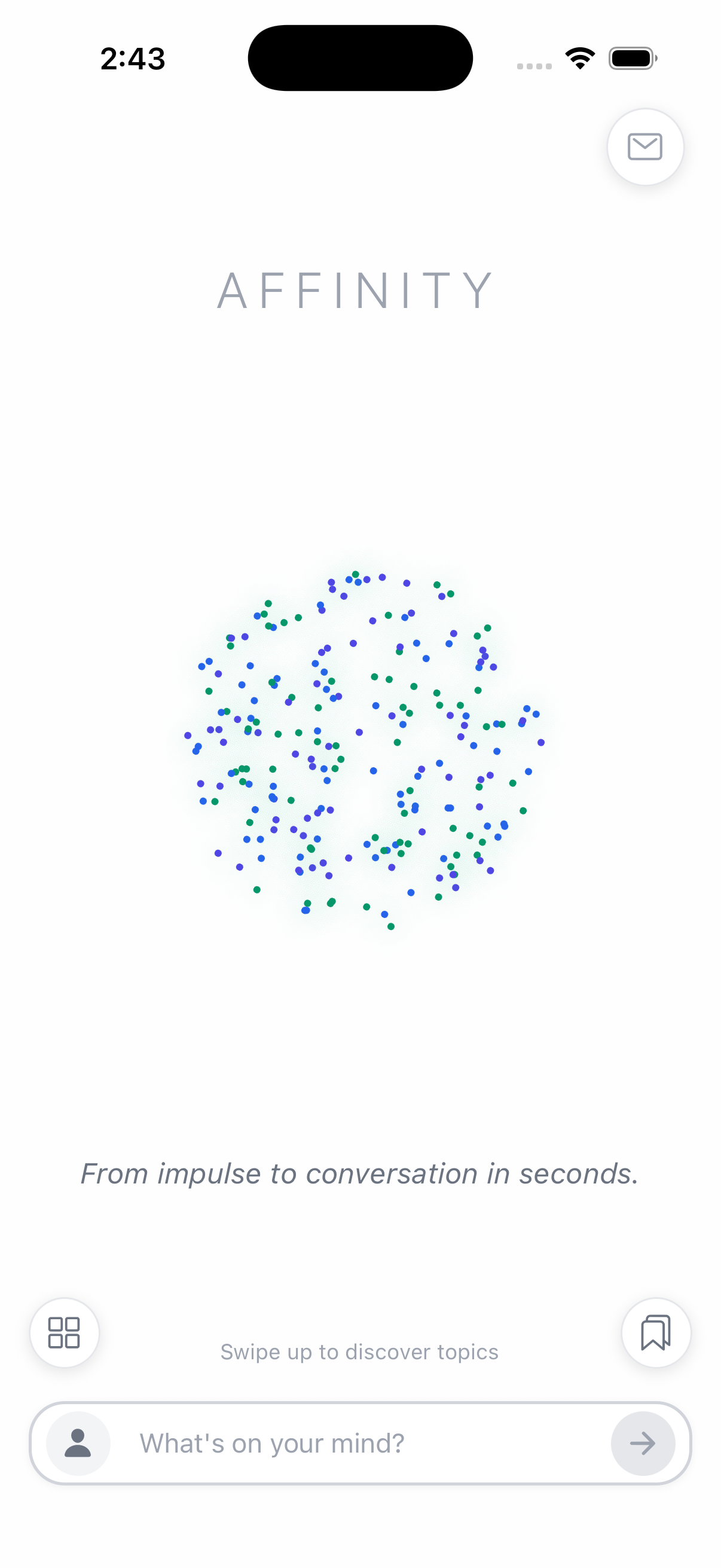 Affinity app interface showing particle orb animation and text input